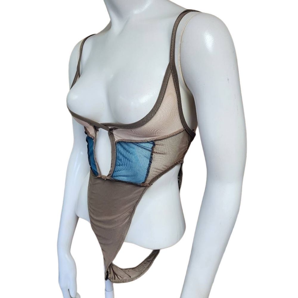 Pretty Little Things Brown & Blue Mesh Panel Detail Bodysuit (2)